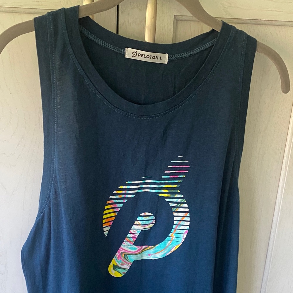 Peloton Dark Teal Tank with Multicolor Striped Logo-worn once!